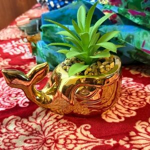 Gold Whale Planter with Faux Succulent
